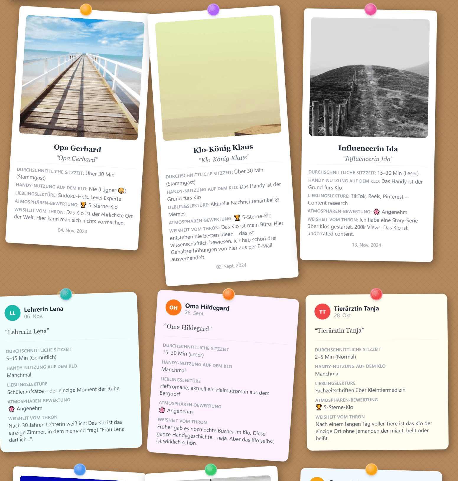 Pinnwand mit Einträgen und Fotos der Gäste